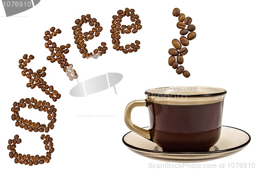 Image of Brown cup of coffee, steam, and the word of the grains