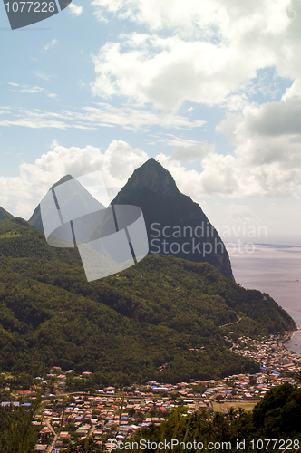 Image of twin pitons Soufriere St. Lucia Caribbean Sea