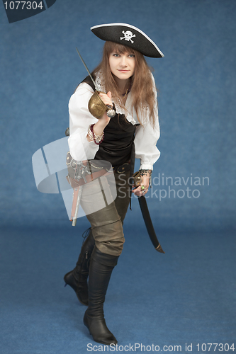 Image of Woman - sea pirate on blue background with sabre and pistol