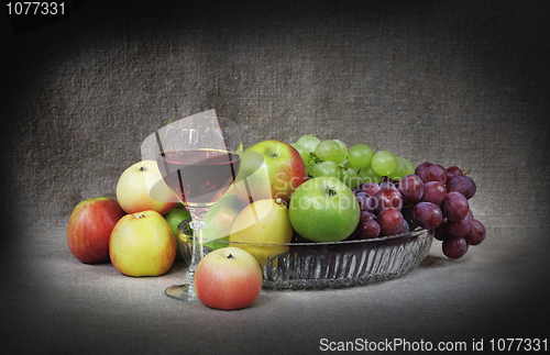 Image of Classical still-life with fruit and goblet on canvas