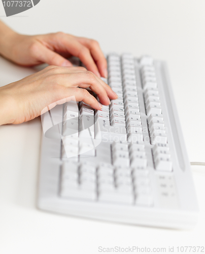 Image of Grey computer keyboard and female hands working on it
