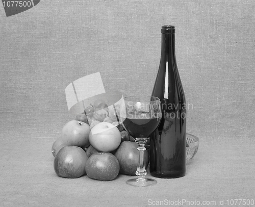 Image of Still-life - bottle of wine and fruit on canvas