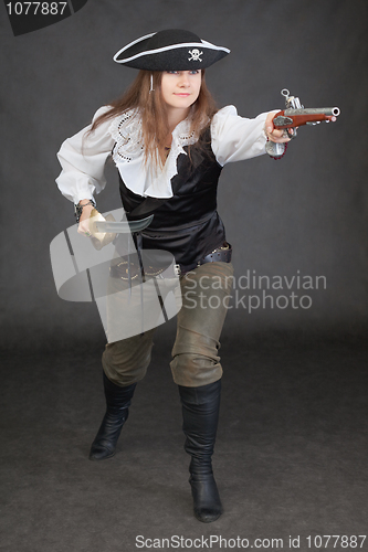 Image of Woman in a costume of sea pirate attack
