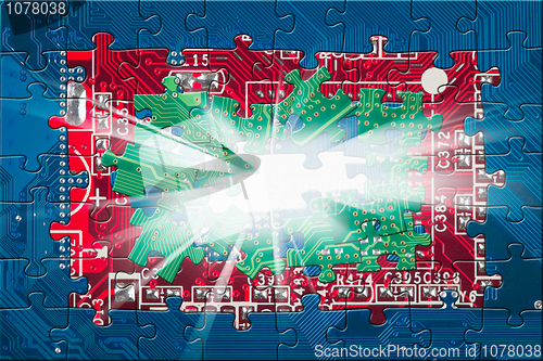 Image of Abstract electronic circuit board puzzle background with rays