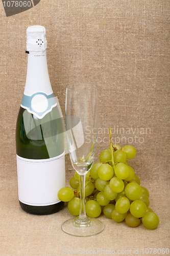 Image of Still-life from bottle of sparkling wine, glass and grapes clust