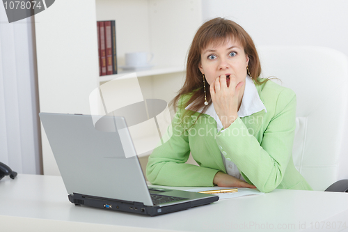 Image of Scared woman sits on workplace with laptop