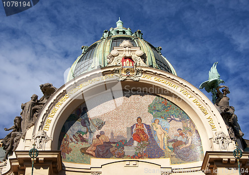 Image of Fresco and statues on top of the Old Town City hall in Prague.