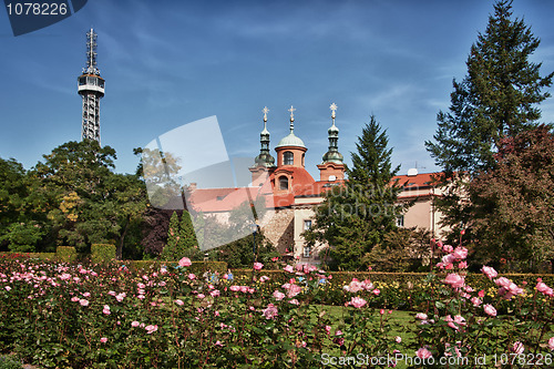 Image of Eifel tower copy and monastery at the Petrin Park in Prague.
