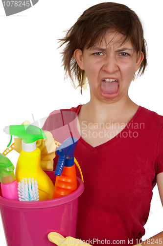 Image of Screaming cleaning woman