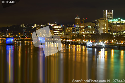 Image of Portland Downtown City Skyline by Waterfront at Night