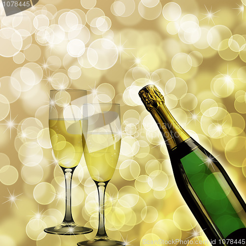 Image of Champagne Bottle and Two Glasses Bokeh Background