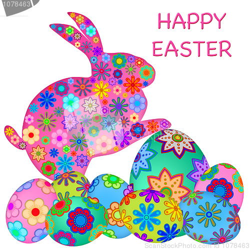 Image of Happy Easter Bunny Rabbit with Colorful Eggs