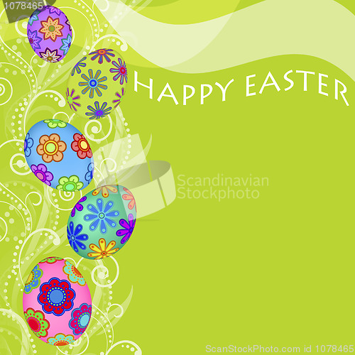 Image of Happy Easter Eggs with Swirls and Flowers Background