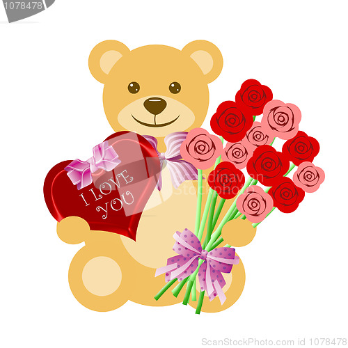 Image of Teddy Bear with Rose Bouquet and Heart Box