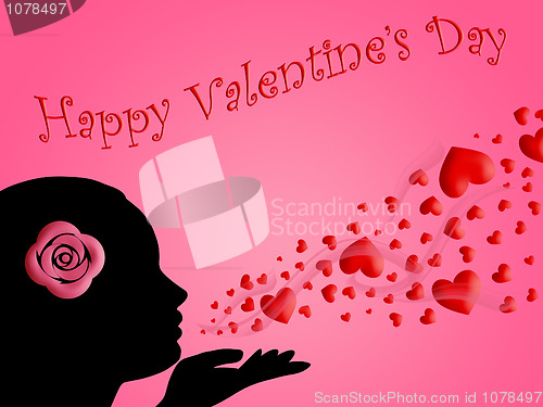 Image of Happy Valentines Day Woman Blowing Kisses of Hearts