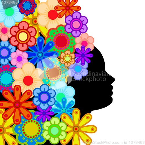 Image of Woman Face Silhouette with Hair of Colorful Flowers