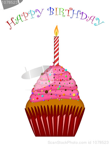 Image of Happy Birthday Cupcake with Pink Frosting and Candle