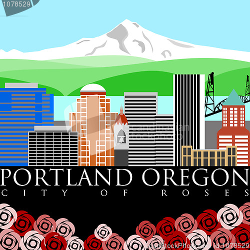 Image of Portland Downtown Skyline with Mount Hood and River Colors