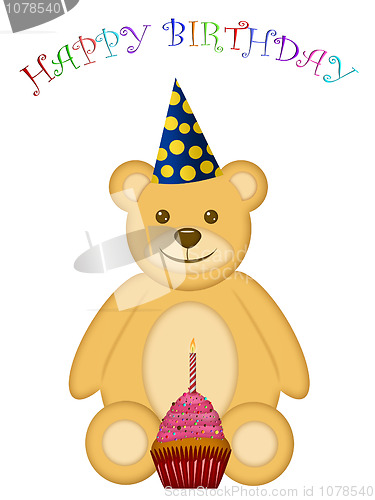 Image of Birthday Teddy Bear with Party Hat and Cupcake