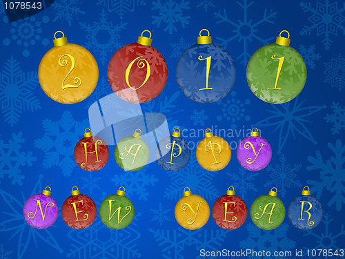 Image of Happy New Year 2011 Colorful Ornaments Blue Background
