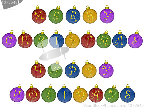 Image of Merry Christmas Happy Holidays on Colorful Ornaments