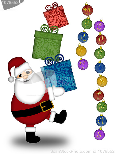 Image of Santa Claus Carrying Stack of Presents with Merry Christmas