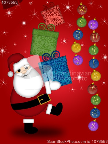 Image of Santa Claus Carrying Stack of Presents with Merry Christmas Red