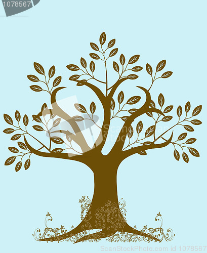 Image of Abstract Tree Silhouette with Leaves and Vines Brown