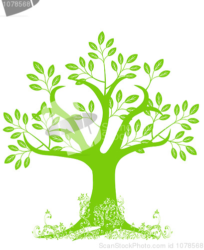 Image of Abstract Tree Silhouette with Leaves and Vines