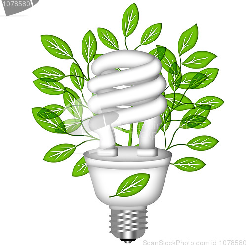 Image of Energy Saving Eco Lightbulb with Green Leaves