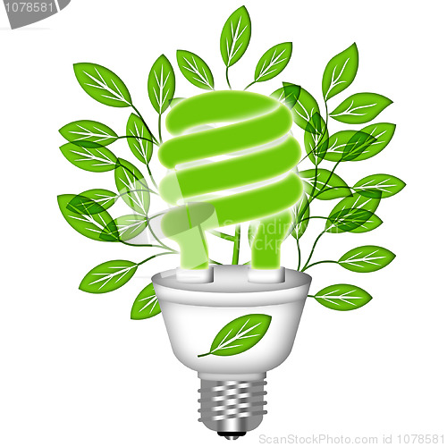 Image of Energy Saving Eco Lightbulb with Green Leaves