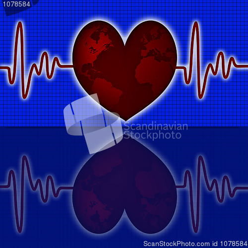 Image of Earth Global Map Red Heart Beat Graph