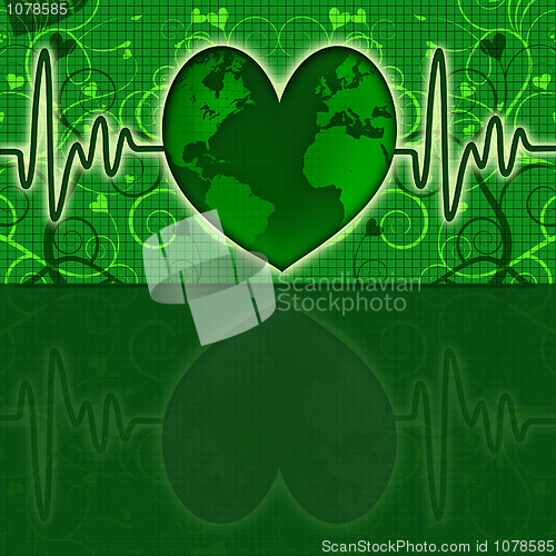 Image of Earth Global Map Green Heart Beat Graph