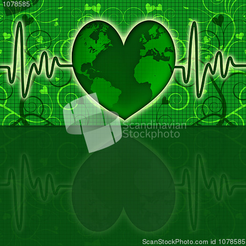 Image of Earth Global Map Green Heart Beat Graph