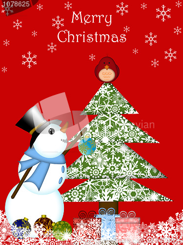 Image of Christmas Snowman Hanging Ornament on Tree with Red Cardinal Bir