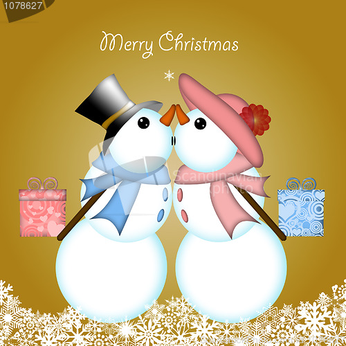 Image of Christmas Kissing Snowman Couple Giving Gifts