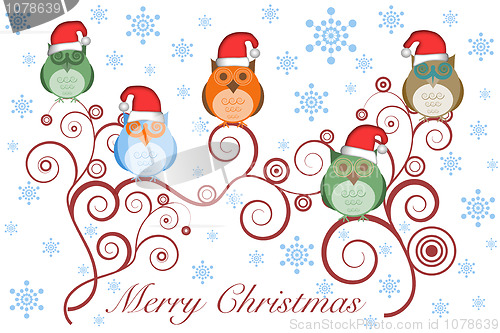 Image of Christmas Owls with Santa Hat on Tree