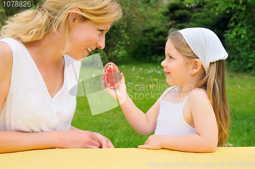 Image of Young mother and daughter having Easter time