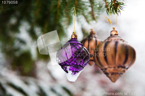 Image of Christmas baubles on a snowy pine