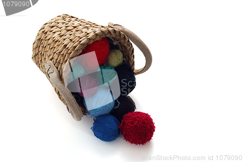 Image of Knitting clews spilled from basket
