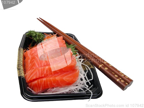 Image of Salmon sashimi and chopsticks