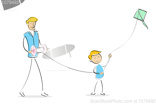 Image of happy dad and son flying kite together