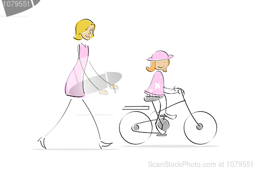 Image of mother running behind girl cycling