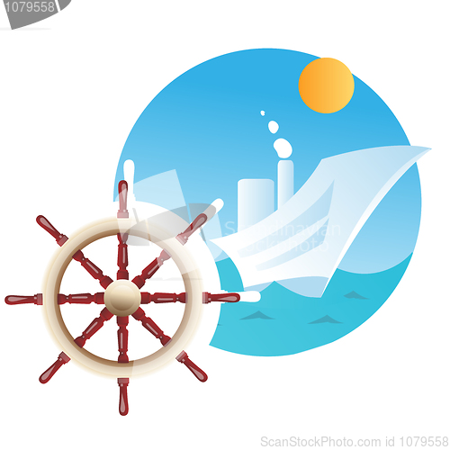 Image of Ship steering wheel and ship in background