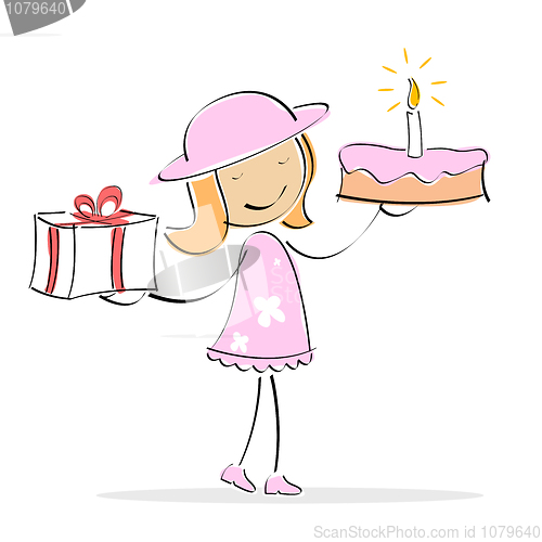 Image of vector girl with cake and present
