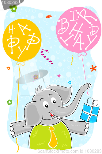 Image of elephant with birthday balloon and gift