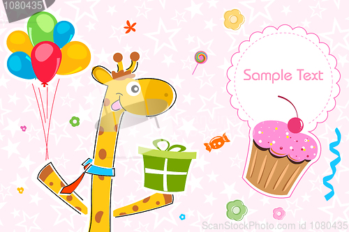 Image of giraffe with gift and balloons