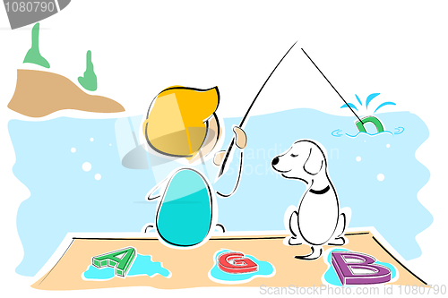 Image of boy and dog catching text