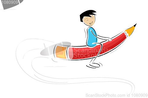Image of kid flying on pencil