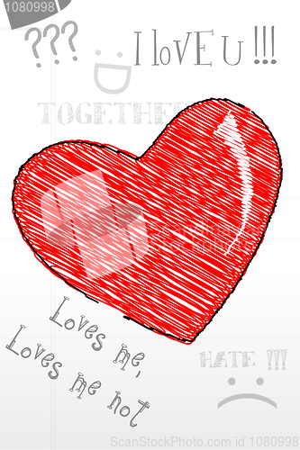 Image of sketched heart with love text all around